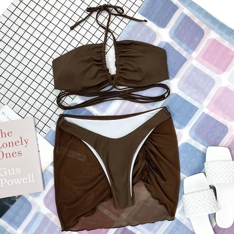 Wrap Around with Mesh Sarong Skirt Bikini Female Swimsuit Women Swimwear Three-pieces Bikini Set Beachwear Bathing Suit Swim