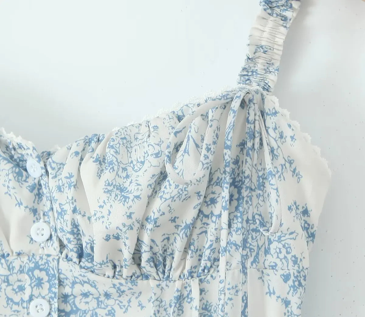 Bowknot Printed Women's Dresses Summer Casual Beach Strap Midi Dress Female Boho Light Blue Buttons Smocked Vestidos 2025