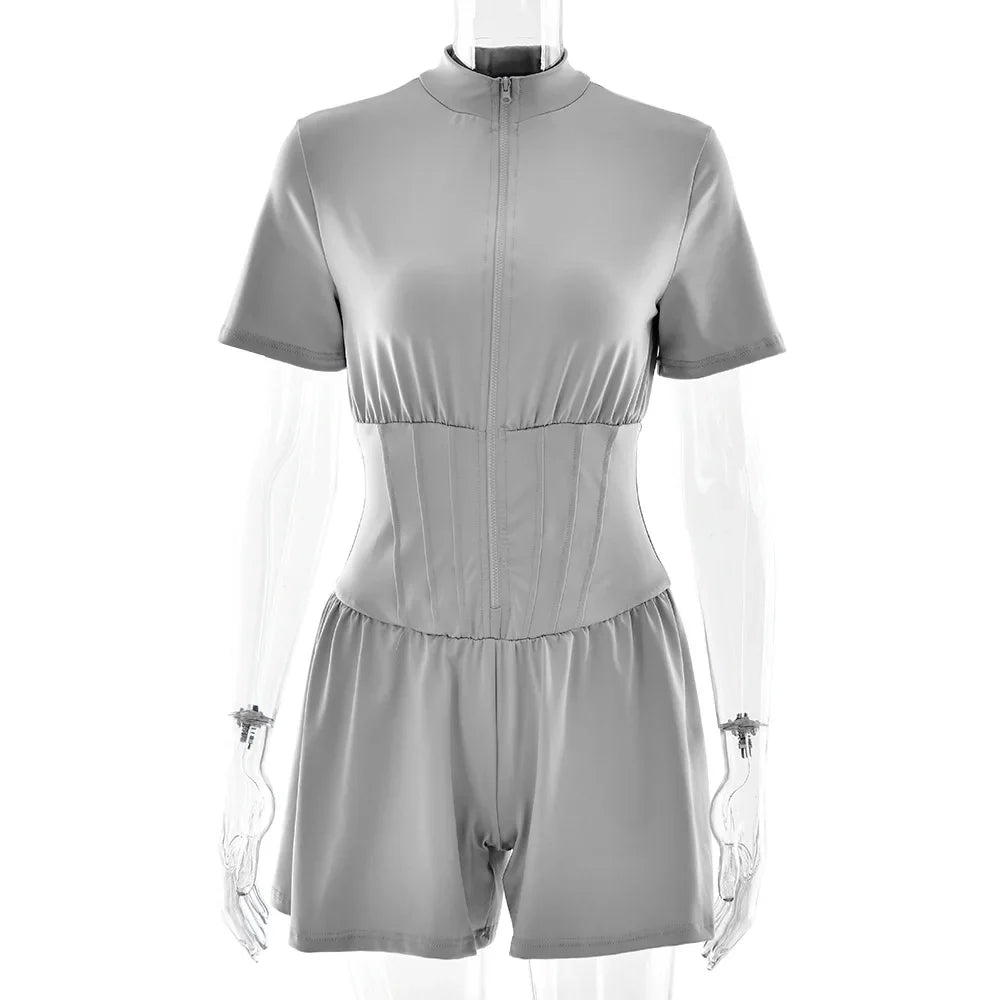FDYOUI New 2026 Summer Zip-up Corset Playsuits Women Casual Short Sleeve Sports Fitness Overalls One Piece Tunics Yoga Bodysuit