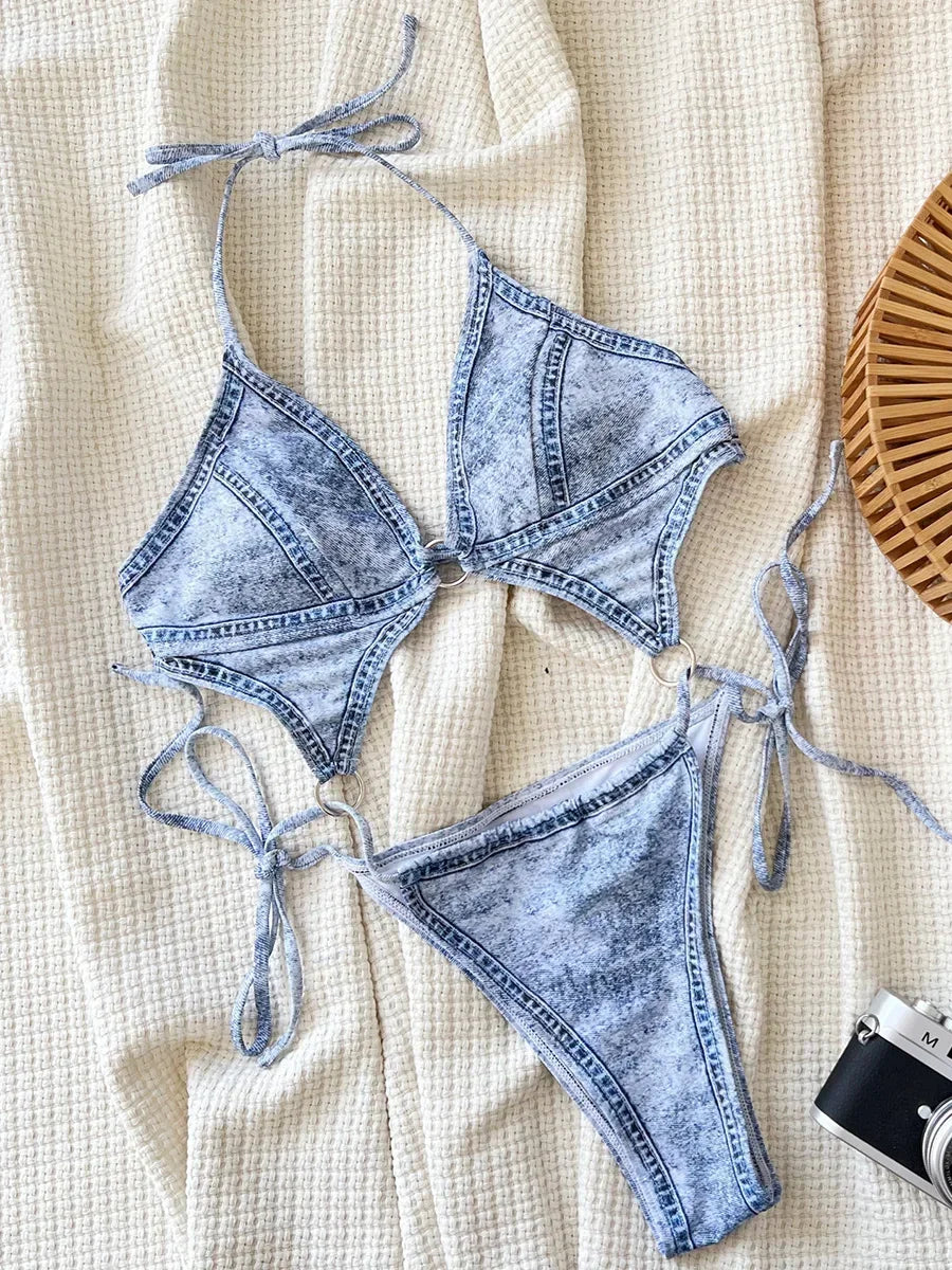Denim Extreme Micro String Backless Women Swimwear One Piece Swimsuit Female High Leg Cut Monokini Bather Bathing Suit Swim Lady