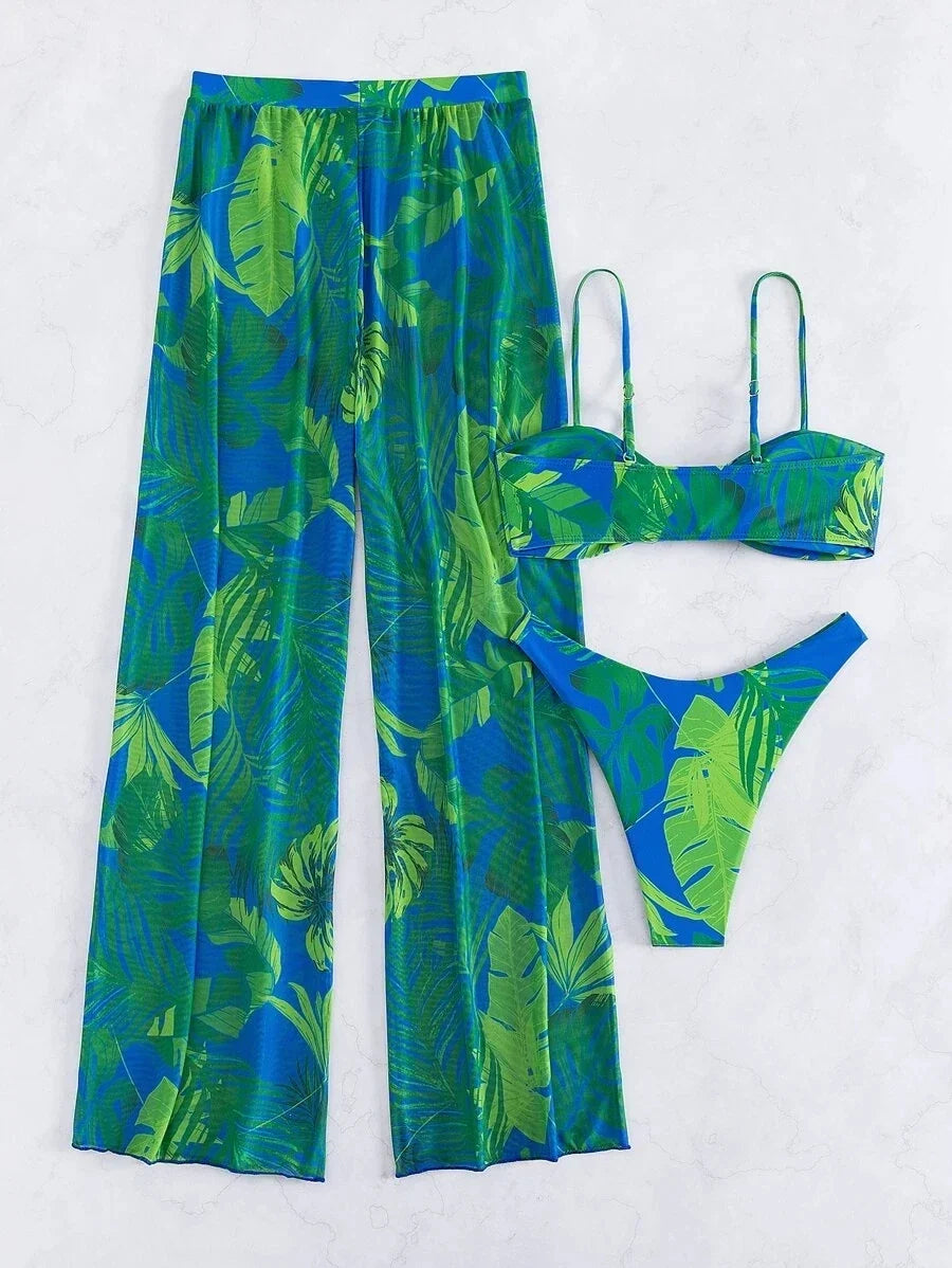 3 Pieces Strappy Bikini 2026 Women Printed Swimsuit Sexy Swimwear Female With Beach Pants Bathers Bathing Swimming Swim Suit