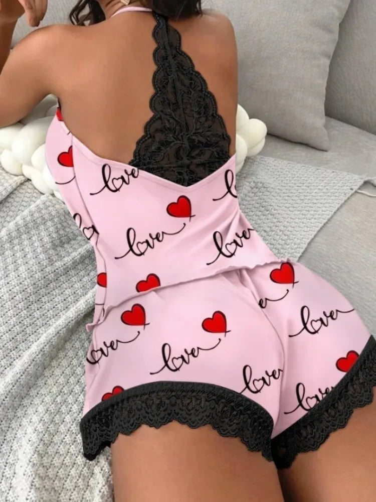 Women's Casual Pajamas Set Summer Sleepwear 2 Pieces Sleeveless V-Neck Heart Print Cami Tops and Shorts Set Loungewear