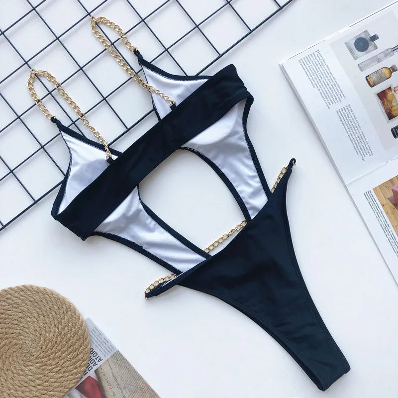 DEKA Chain Swimwear Women's New Hollow Out Metal One-piece Swimsuit High Elasticity Beach Vacation Style Halter Bikini Female