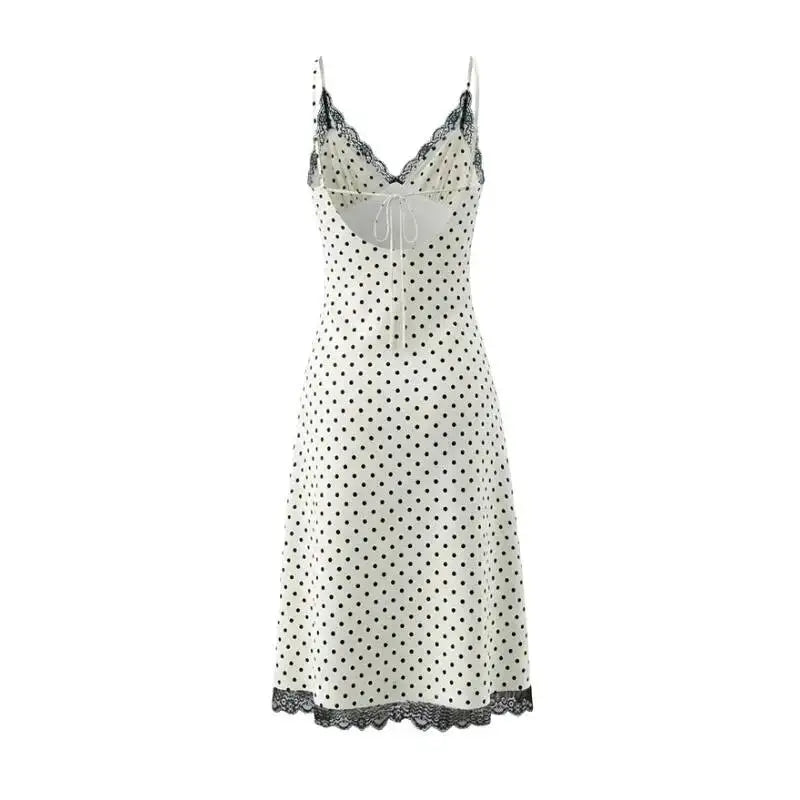 Style Lace Trim Spliced Camisole Dress For Women Polka Dot Print Vacation Beach Long Dress Backless Deep V Sleeveless Dress 82UF