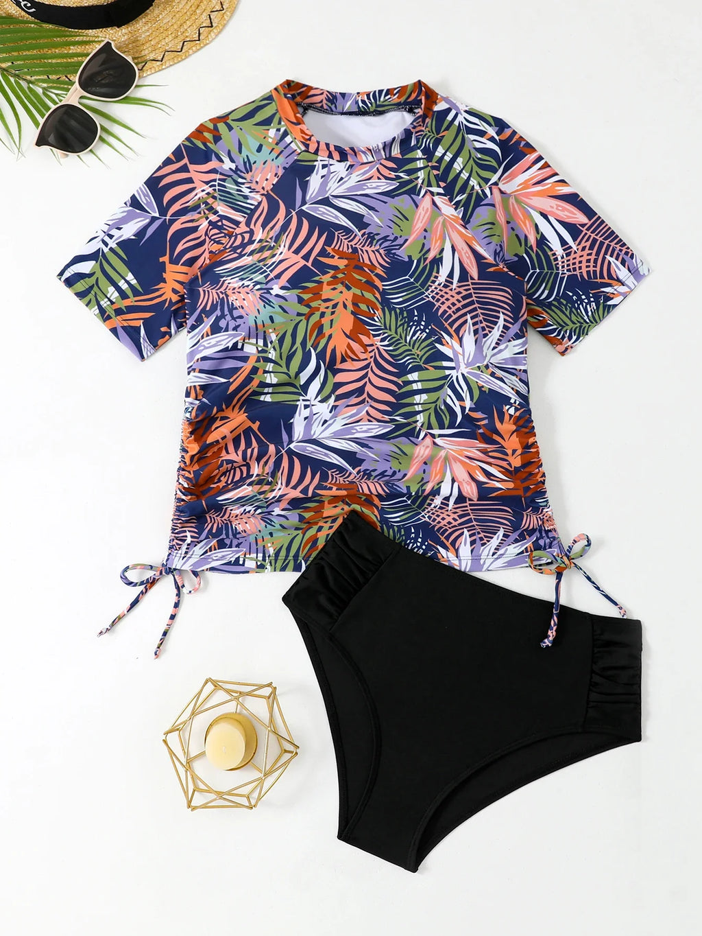 Short Sleeves Two Pieces Swimsuit Women Tankini 2026 Printed Swimwear Female Beach Wear Bathers Bathing Swimming Swim Suit