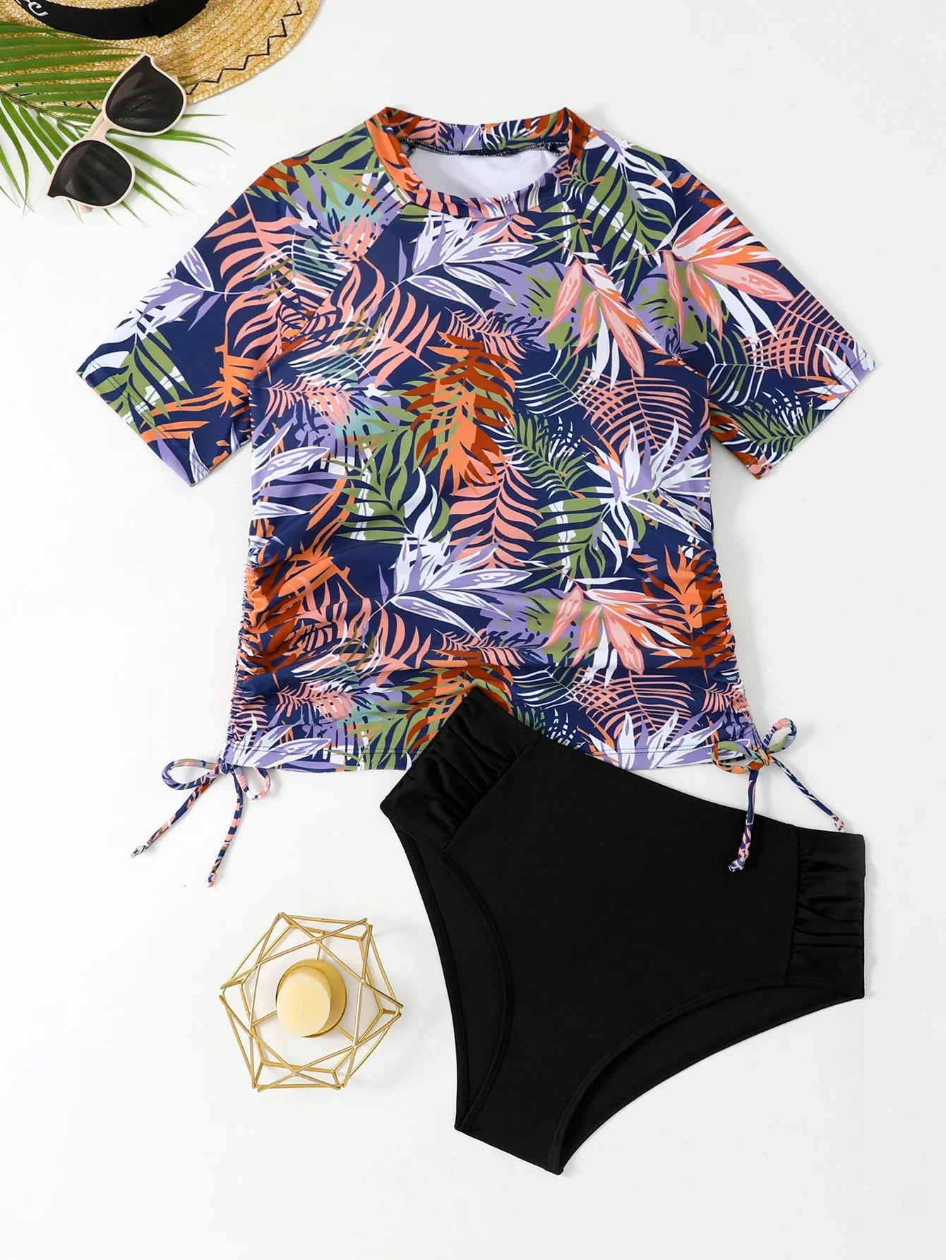 Short Sleeves Two Pieces Swimsuit Women Tankini 2026 Printed Swimwear Female Beach Wear Bathers Bathing Swimming Swim Suit