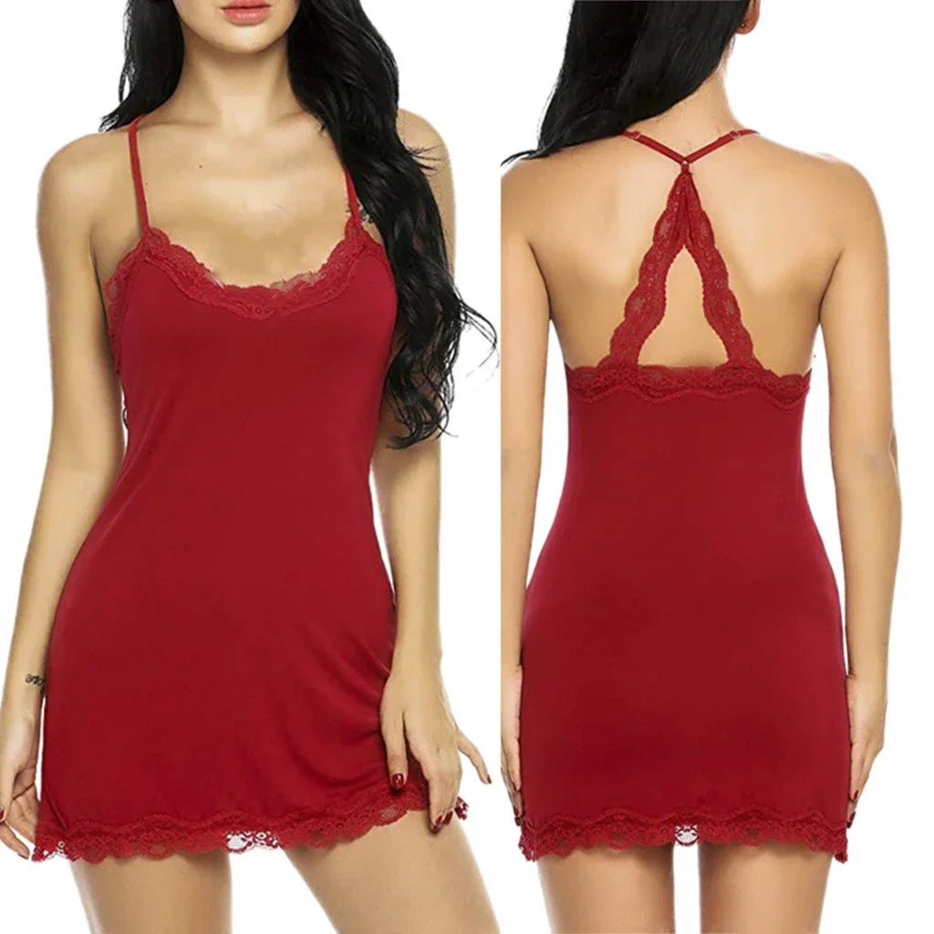 Plus Size 2XL Sexy Lingerie Sleepwear Women Silk Satin Night Dress Nightie Gown Babydoll Lace Mesh Nightwear