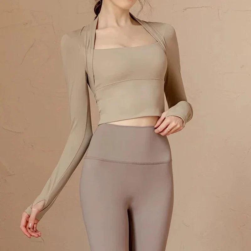 Women's Long Sleeve Fitness Sports Top Elegant Dance Yoga Shirt with Chest Cushion Small Waistband for Gym Speed up Short