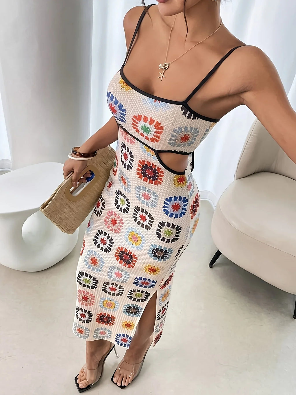 Elegant Backless Floral Print Bodycon Dress for Women Sleeveless Gown