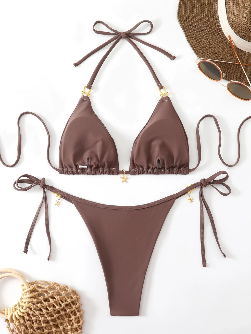 Halter Triangle String Bikinis 2026 Women Sexy Swimsuit Solid Stars Swimwear Female Bathers Bathing Swimming Swim Suit