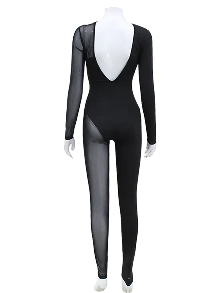 AHAgaga Winter Sexy See Through Mesh Rompers Women Jumpsuits Fashion O-Neck Zipper Skinny Slim Jumpsuit Woman Midnight Overalls