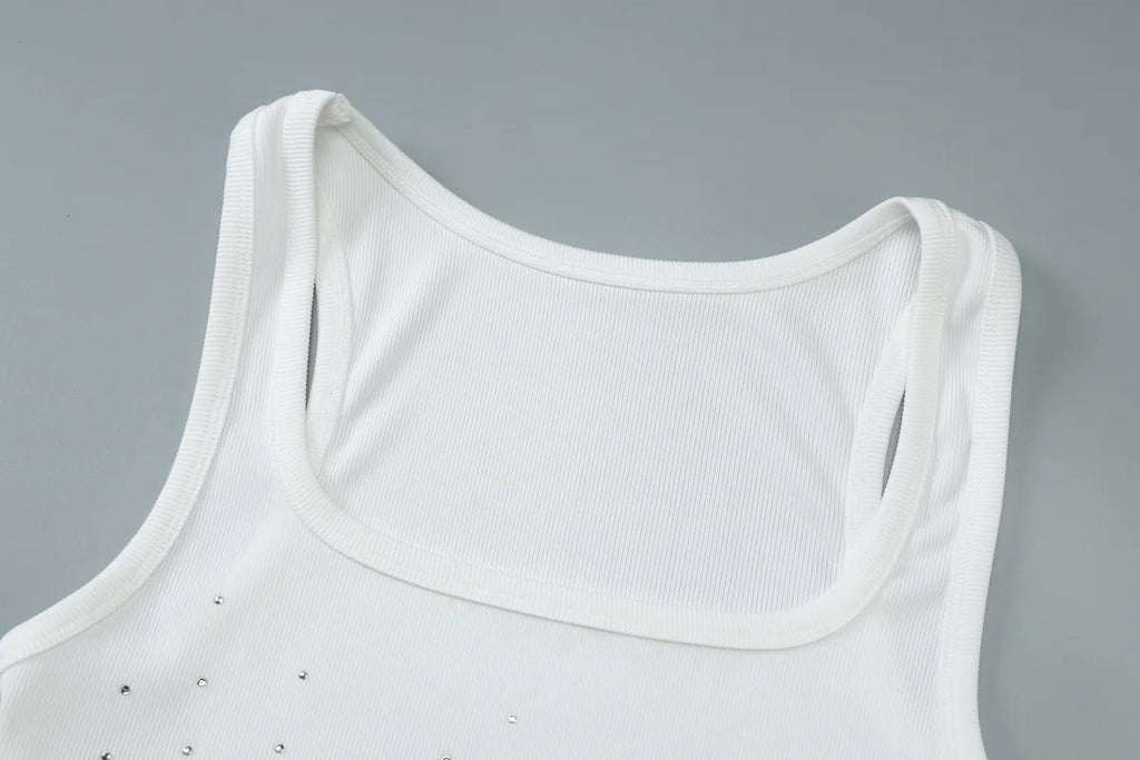 Woman Beading Rhinestones Tank Tops White Black Summer Sleeveless Corset T-shirt 2026 Casual Square Collar Crop Top Streetwear