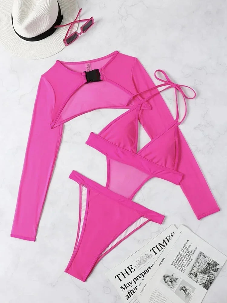 Neon Long Sleeve High Cut Out Women Swimwear One Piece Swimsuit Female Mesh Monokini Bather Bathing Suit Swim Lady Beachwear