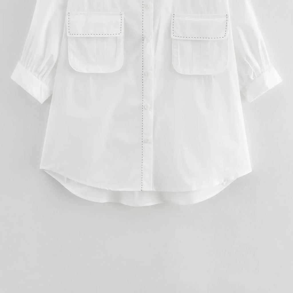 Women's Fashion Casual White Short Sleeve Shirt White Cotton Button Shirt Lapel Collar Half Sleeve Loose Fit Casual Blouse 8GDK