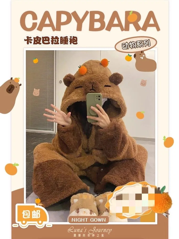 Adult Capybara Robes Onesies Pajamas Cartoon Pyjama Animal Kigurumi Slipper Halloween Cosplay Costumes Warm Sleepwear Jumpsuit