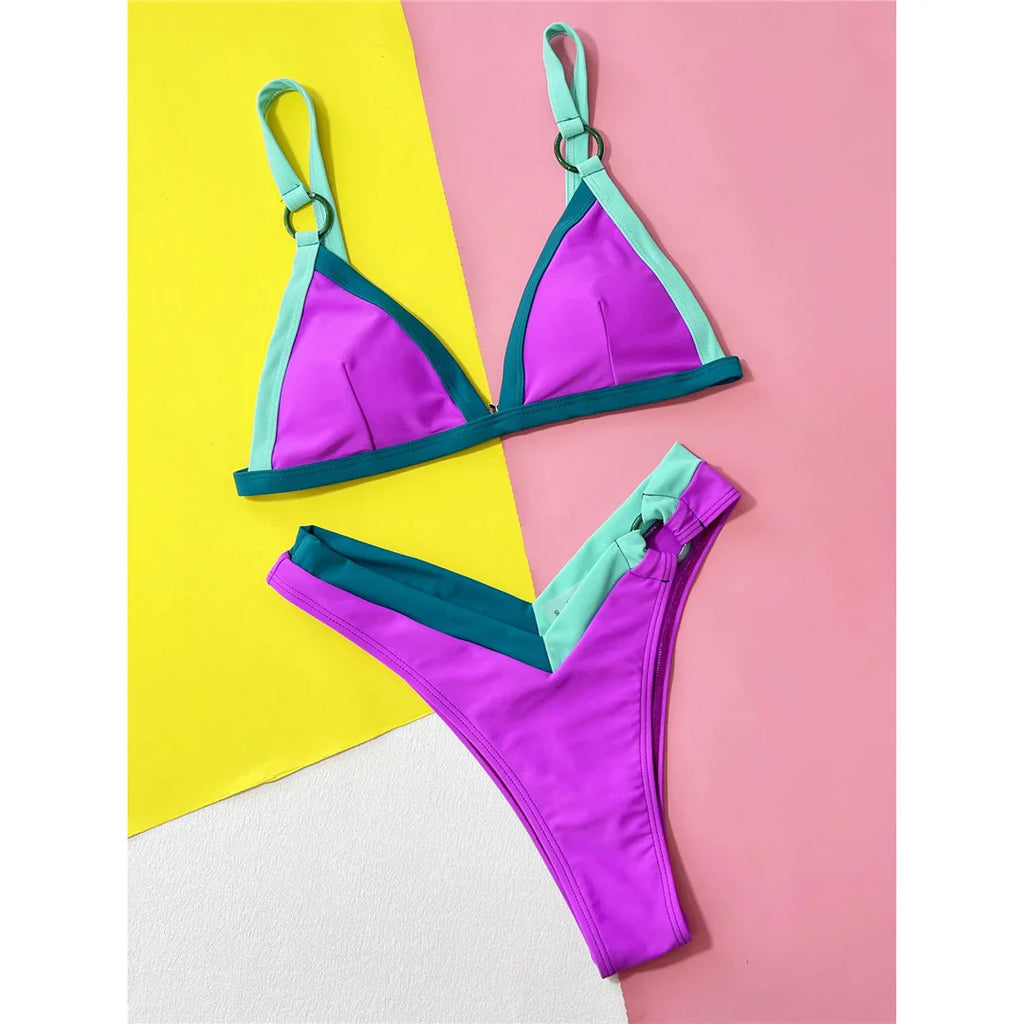 Sexy Splicing Brazilian High Leg Cut Bikini Women Swimwear Female Swimsuit Two-Pieces Bikini Set Bather Bathing Suit Swim V4749