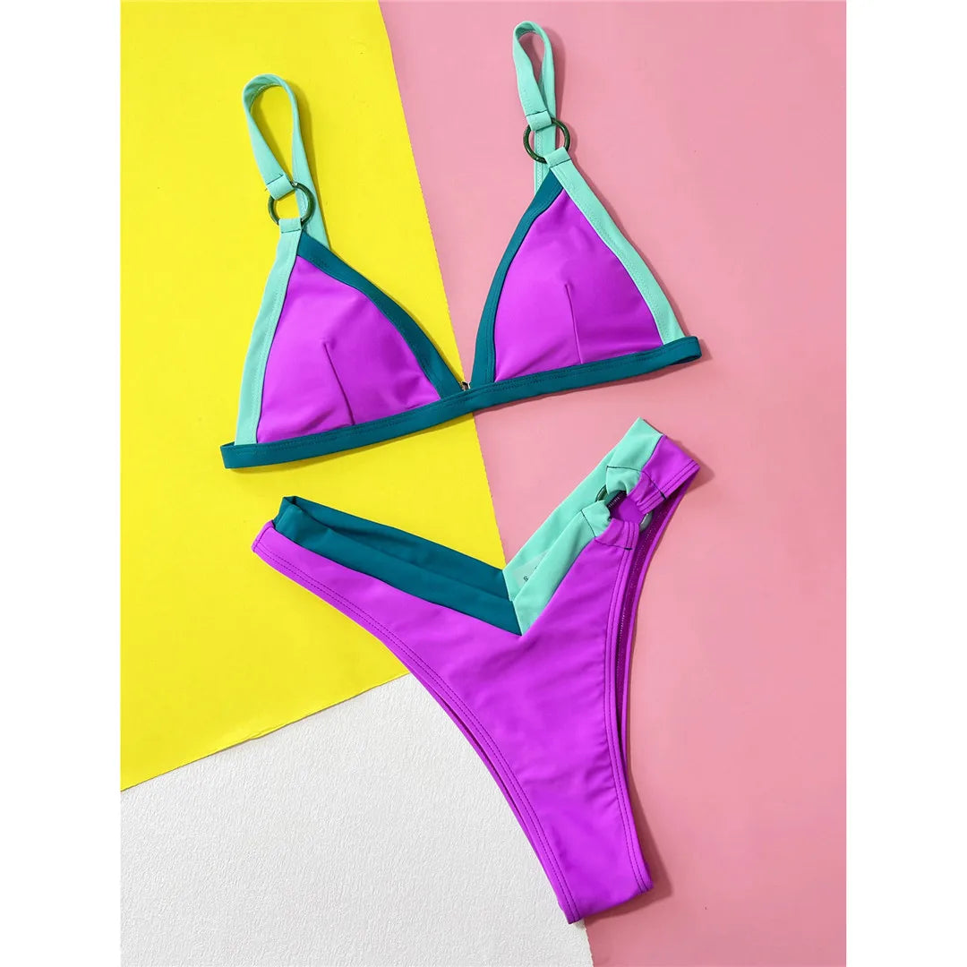 Sexy Splicing Brazilian High Leg Cut Bikini Women Swimwear Female Swimsuit Two-Pieces Bikini Set Bather Bathing Suit Swim V4749