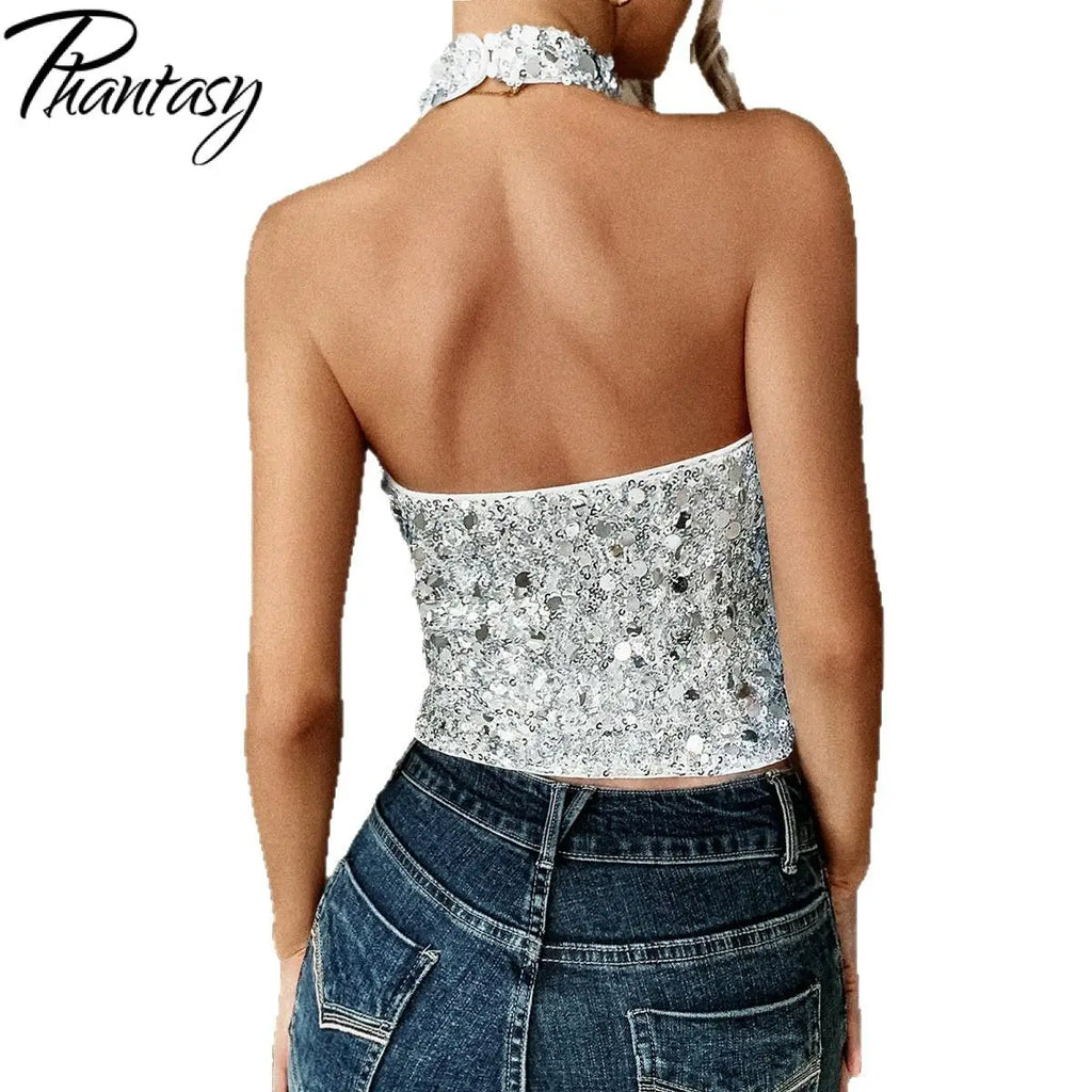 Phantasy Elegant Temperament Neck Sequin Camisole Women T-shirt Sexy Sleeveless Tank Top Female Clothes Tops 2025 Summer