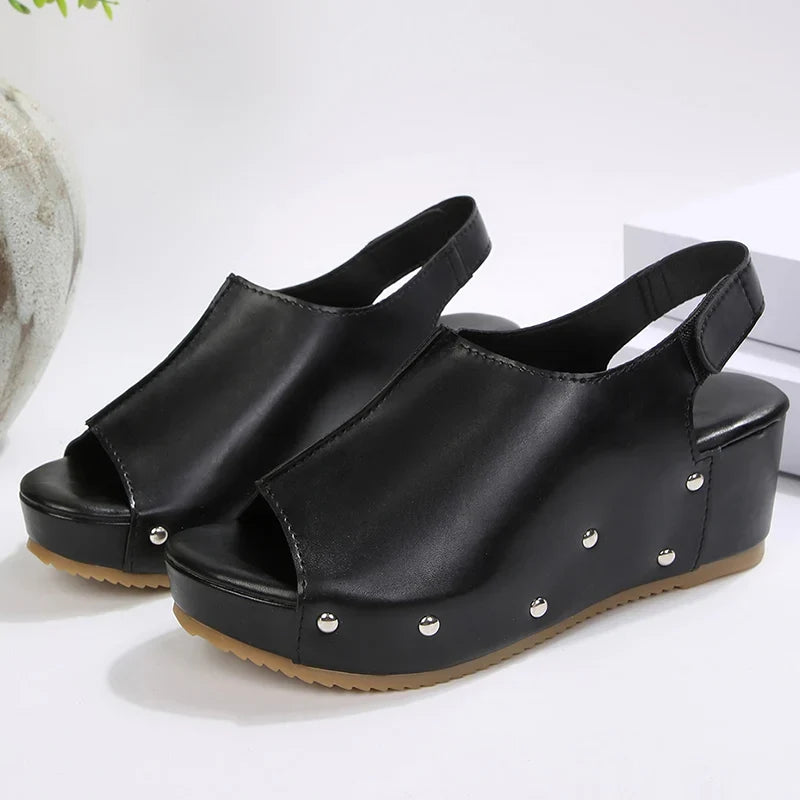 Black Pu Leather Wedge Heel Sandals Women Rivets Back Strap Platform Sandles Woman Plus Size 43 Thick Sole Rome Sandalias Mujer