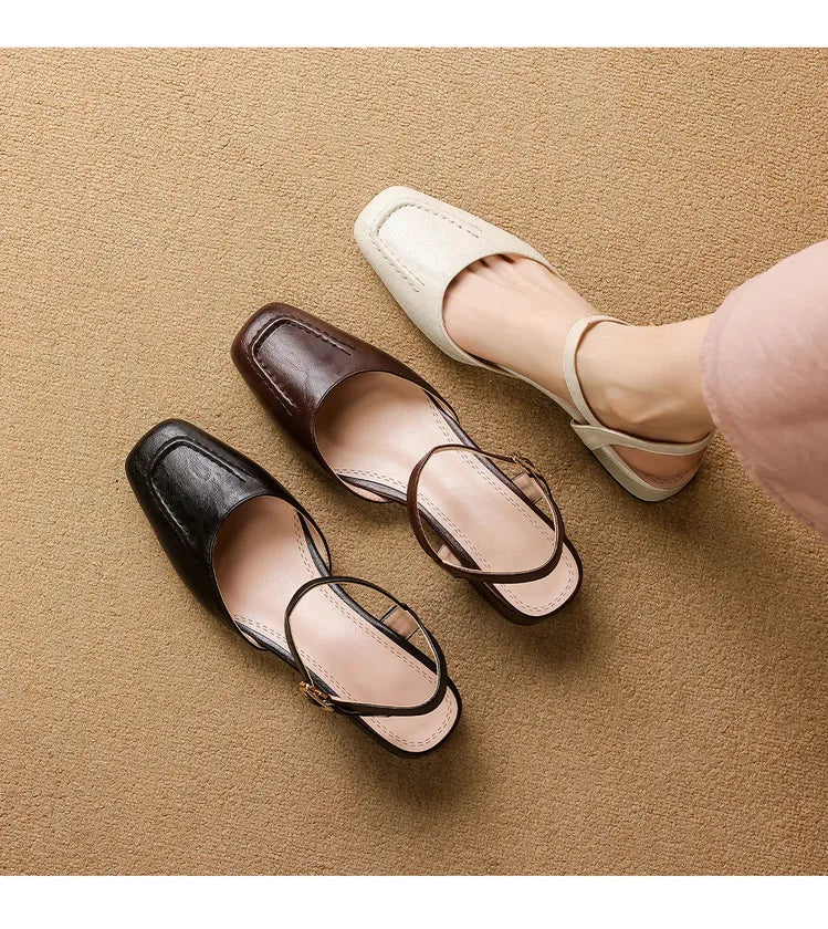 Plus Size 34-41 Women's Sheepskin Narrow Band T-strap Square Toe Summer Sandals 3.5cm Thick Low Heel Elegant Ladies Dress Shoes