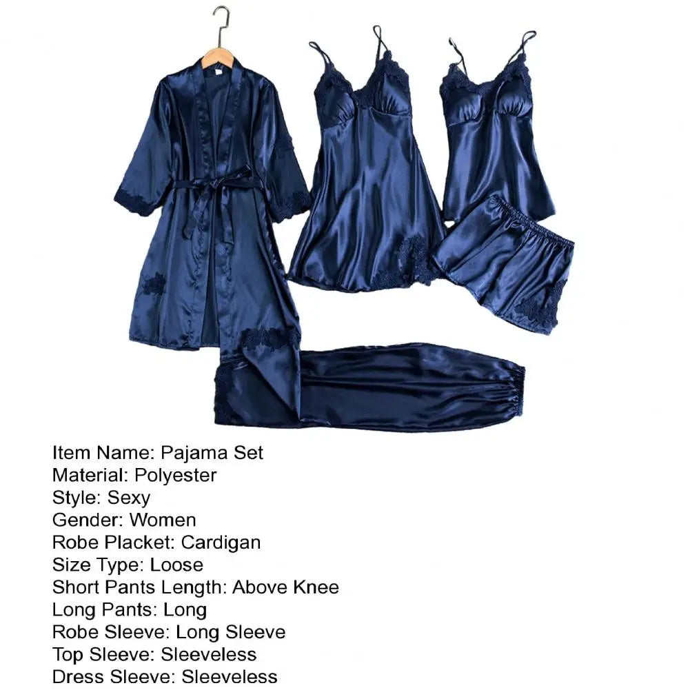 5 Pcs/Set Silky Satin Women Pajamas Set Nightgown Nightdress Top Shorts Pants Set Lace Patchwork Loose Thin Women Sleepwear