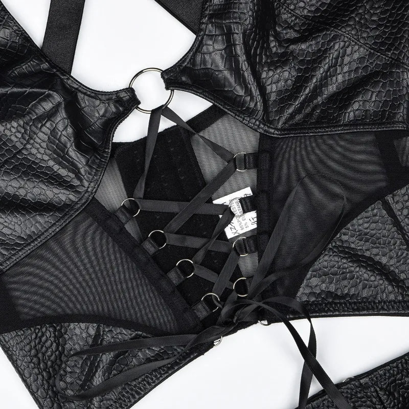 Toucheart Erotic Lingerie New High-quality Leather and Fabric Spliced mesh Sexy Strap Cross Halter Neck Sexy Hot Underwear Set