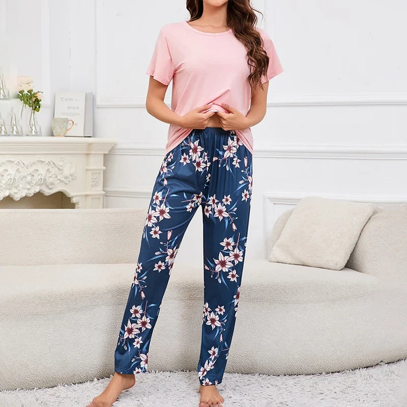 Women's Pajamas 3-Piece Set Sleepwear Home Clothes Autumn Short Sleeve Top with Shorts & Long Pants Loungewear Short Suit Pyjama