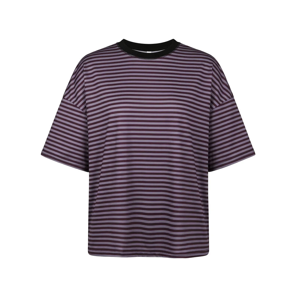 Summer Women's Loose T-shirt Casual Stylish Striped Crew Neck Short Sleeve Drop Shoulder Tee Tops