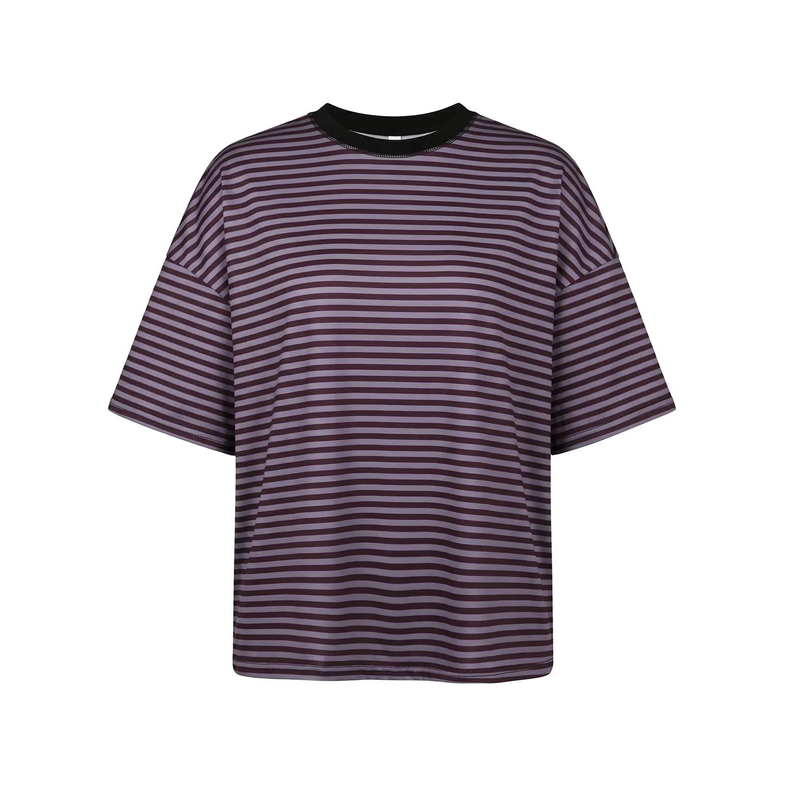 Summer Women's Loose T-shirt Casual Stylish Striped Crew Neck Short Sleeve Drop Shoulder Tee Tops