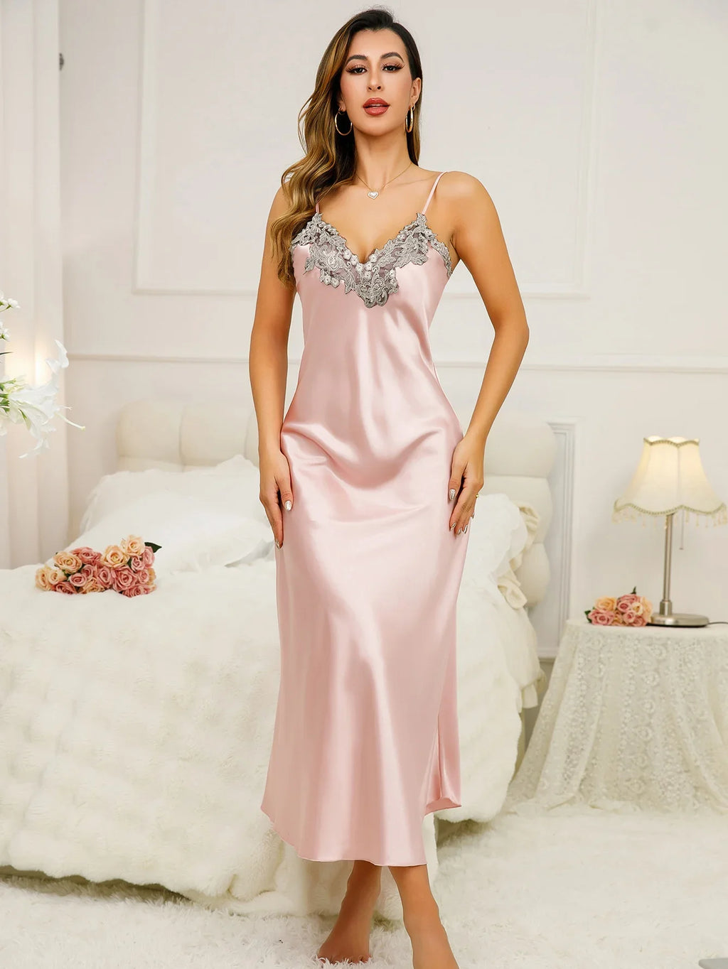 Women's Summer Dresses V Neck With Lace Trim Long Breathable Elegant Dress Women's Clothing For Home And Parties