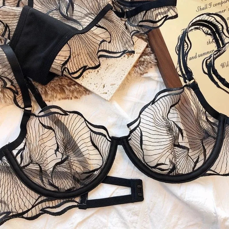 wholesome but hot French Lace Bra Set Flower Embroidery Ultra Thin Push Up Wirefree Niche Comfort CA Delivery S-XL MOYISU 32-38