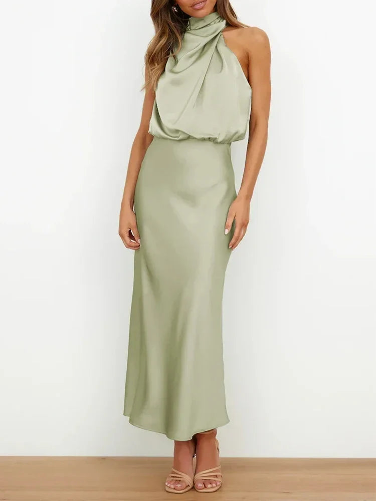 Foridol One Shoulder Turtleneck Tank Satin Women Party Dress Robe Zip Sleeveless Elegant Vintage Folds Women Clothing 2025