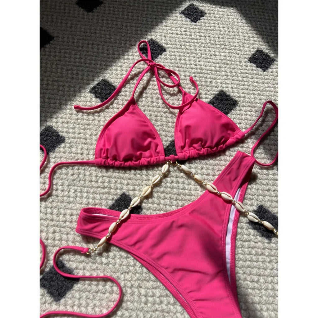 5 Colors Sexy Halter Shell Brazilian Bikini Female Swimsuit Women Swimwear Two-Pieces Bikini Set Bather Bathing Suit Swim V5469