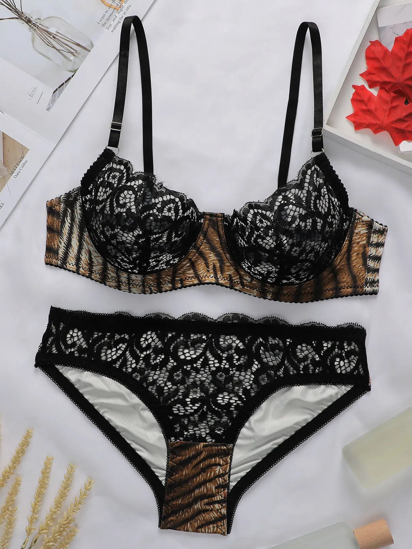 Women's sexy bra set 2-piece leopard print lace lingerie set European and American hot fashion style A3135