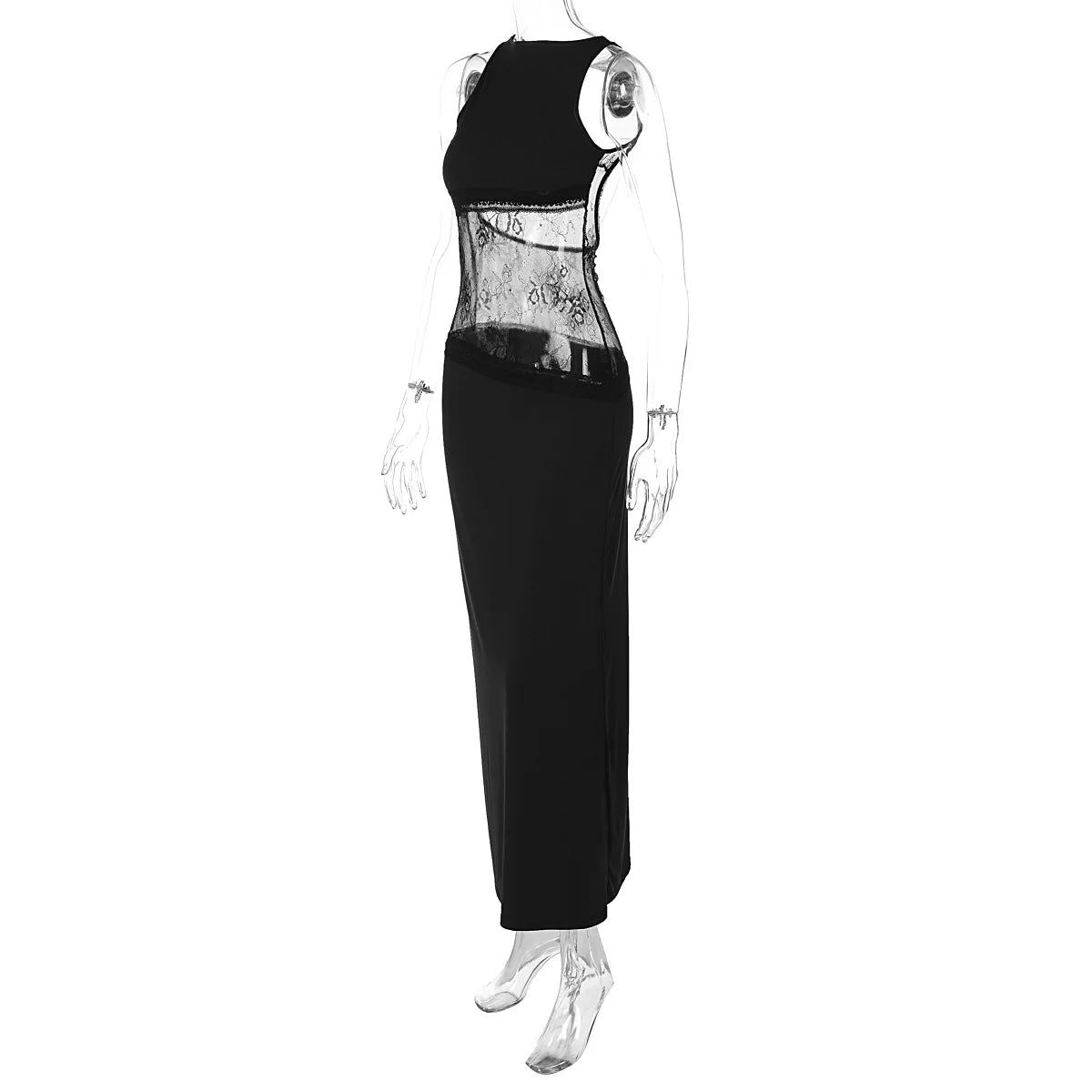 Woman's Elegant Sleeveless Lace Patchwork Evening Dress Black High Street O-neck Backless Hollow Out Slim Long Party Dresses