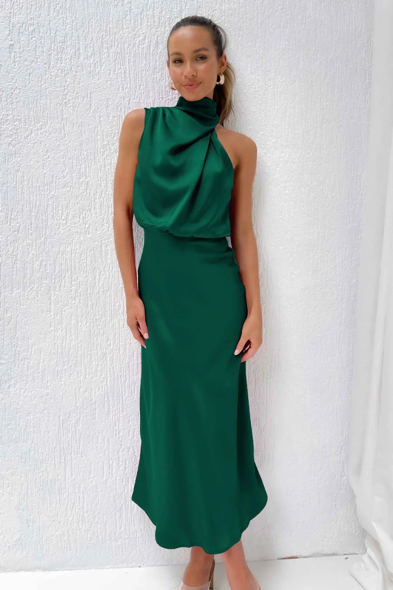 Foridol One Shoulder Turtleneck Tank Satin Women Party Dress Robe Zip Sleeveless Elegant Vintage Folds Women Clothing 2025