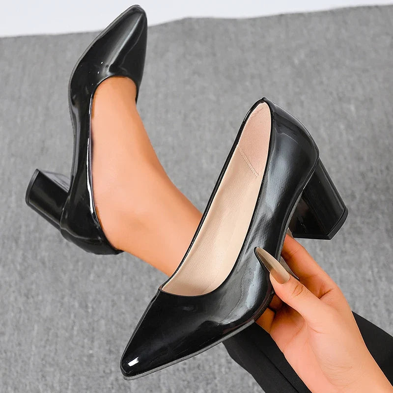 Plus Size 42 Pointed Toe Thick Heels Pumps Women Slip On Pu Leather High Heels Shoes Woman High Heeled Office Party Shoes Ladies