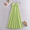 Foridol Elastic Smocking Green Cotton V Neck Summer Women's Dress Sleevless Long Green Maxi Casual Strapy Dress Solid Female