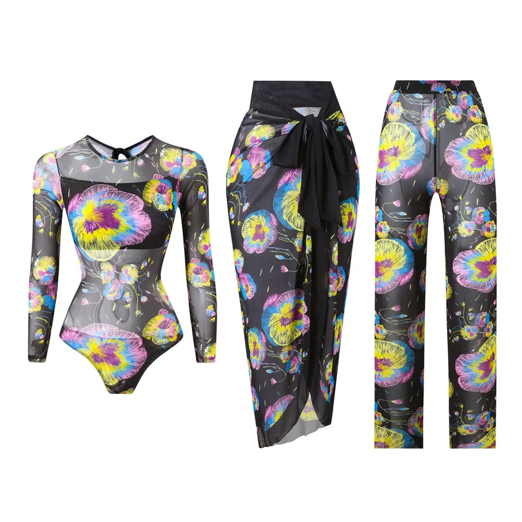 S - XXL 3PCS New Printed Long Sleeve With Pants Sarong Women Swimwear One Piece Swimsuit Female Bather Bathing Suit Swim K7180