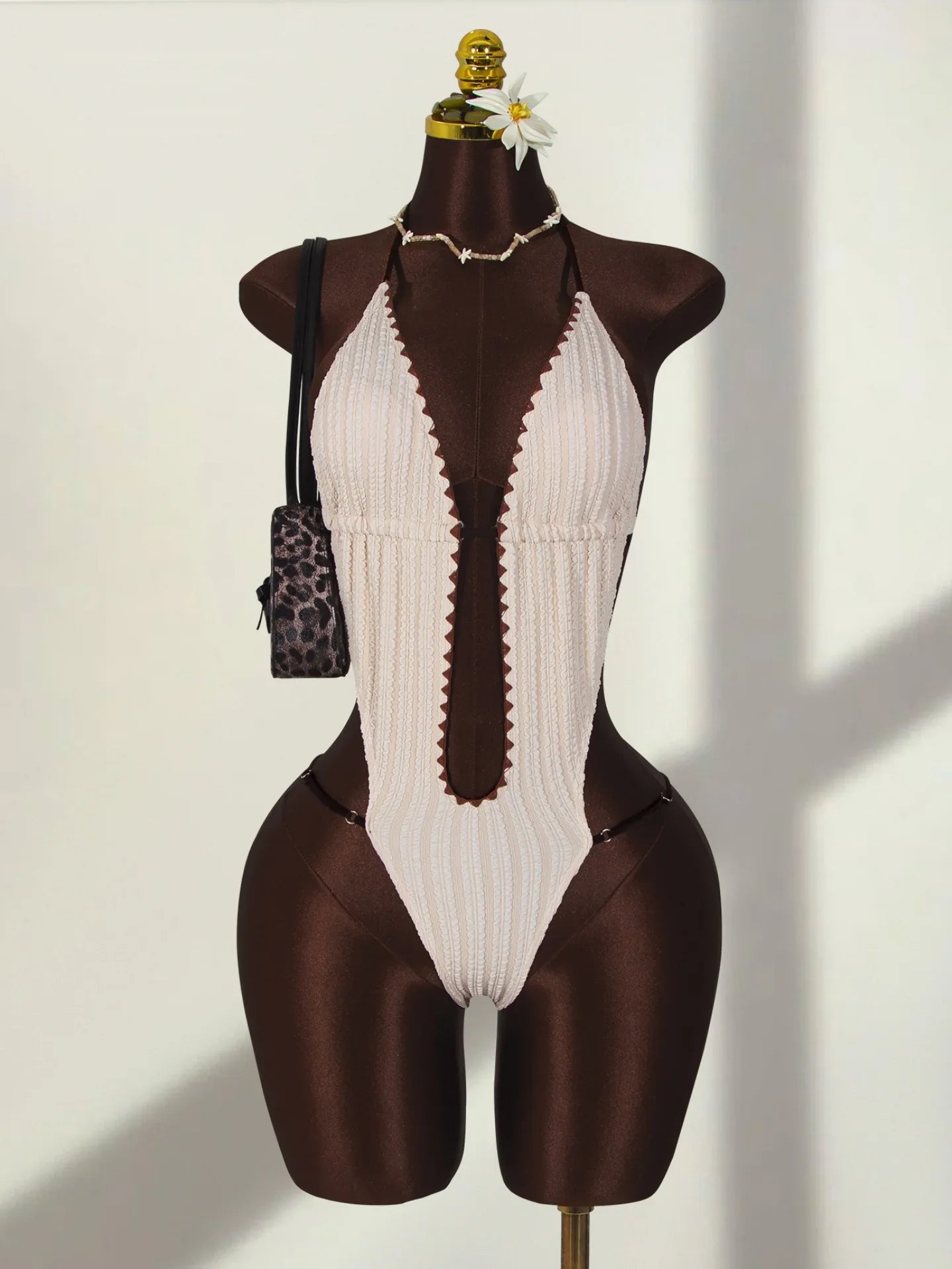 Sexy Beige Contrast One Piece Swimwear Women Deep V Neck Hollow Out Bakcless Thong Bikini Beach Bathing Suit Swimsuit 2026