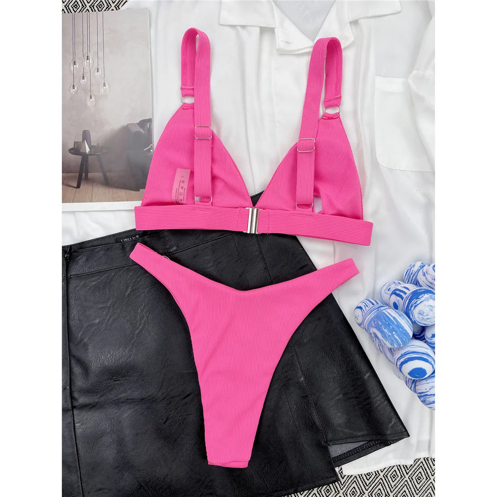Sexy High Leg Cut Ribbed Bikini Women Swimwear Female Swimsuit Two-Pieces Bikini Set Padded Bather Bathing Suit Swim Lady V3255
