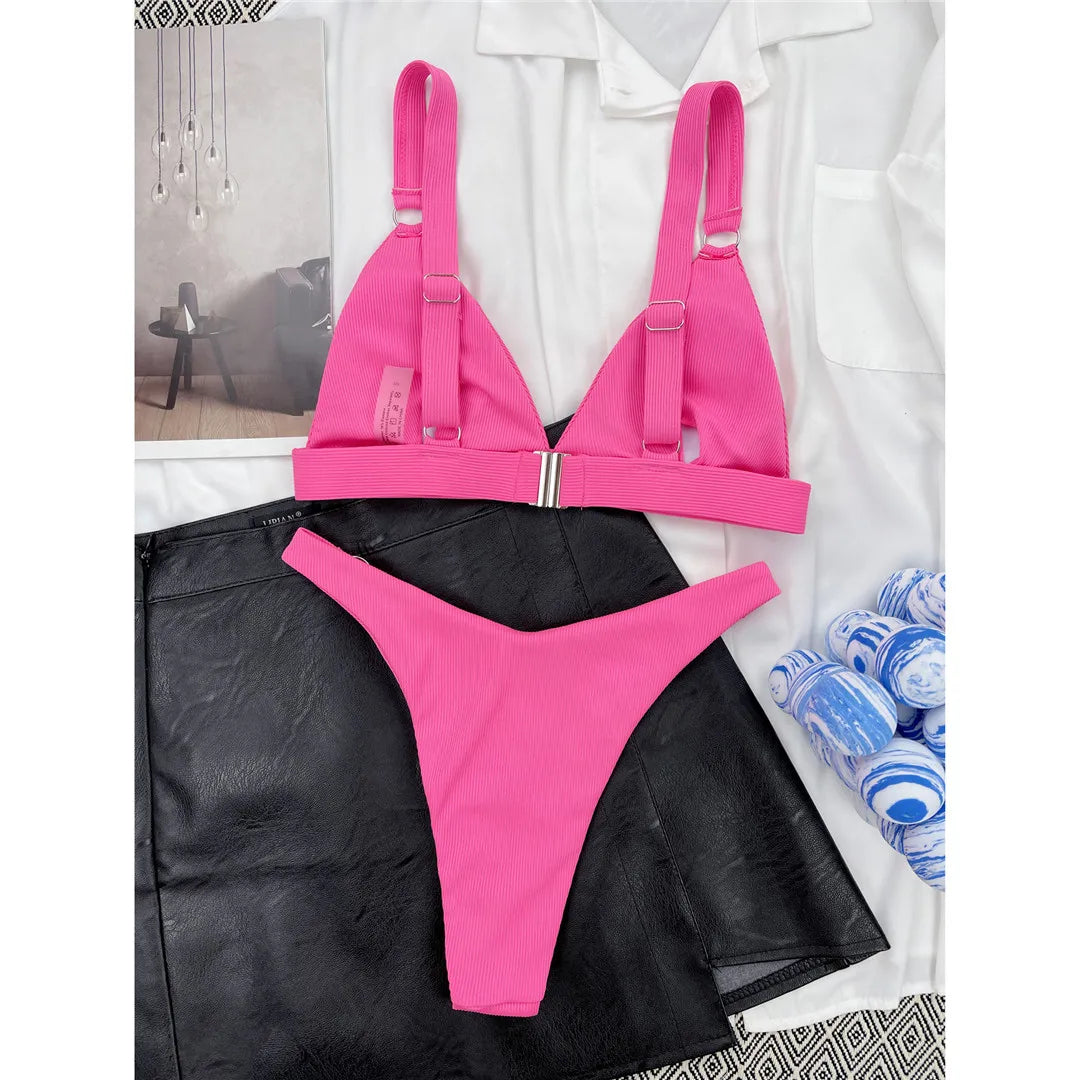 Sexy High Leg Cut Ribbed Bikini Women Swimwear Female Swimsuit Two-Pieces Bikini Set Padded Bather Bathing Suit Swim Lady V3255