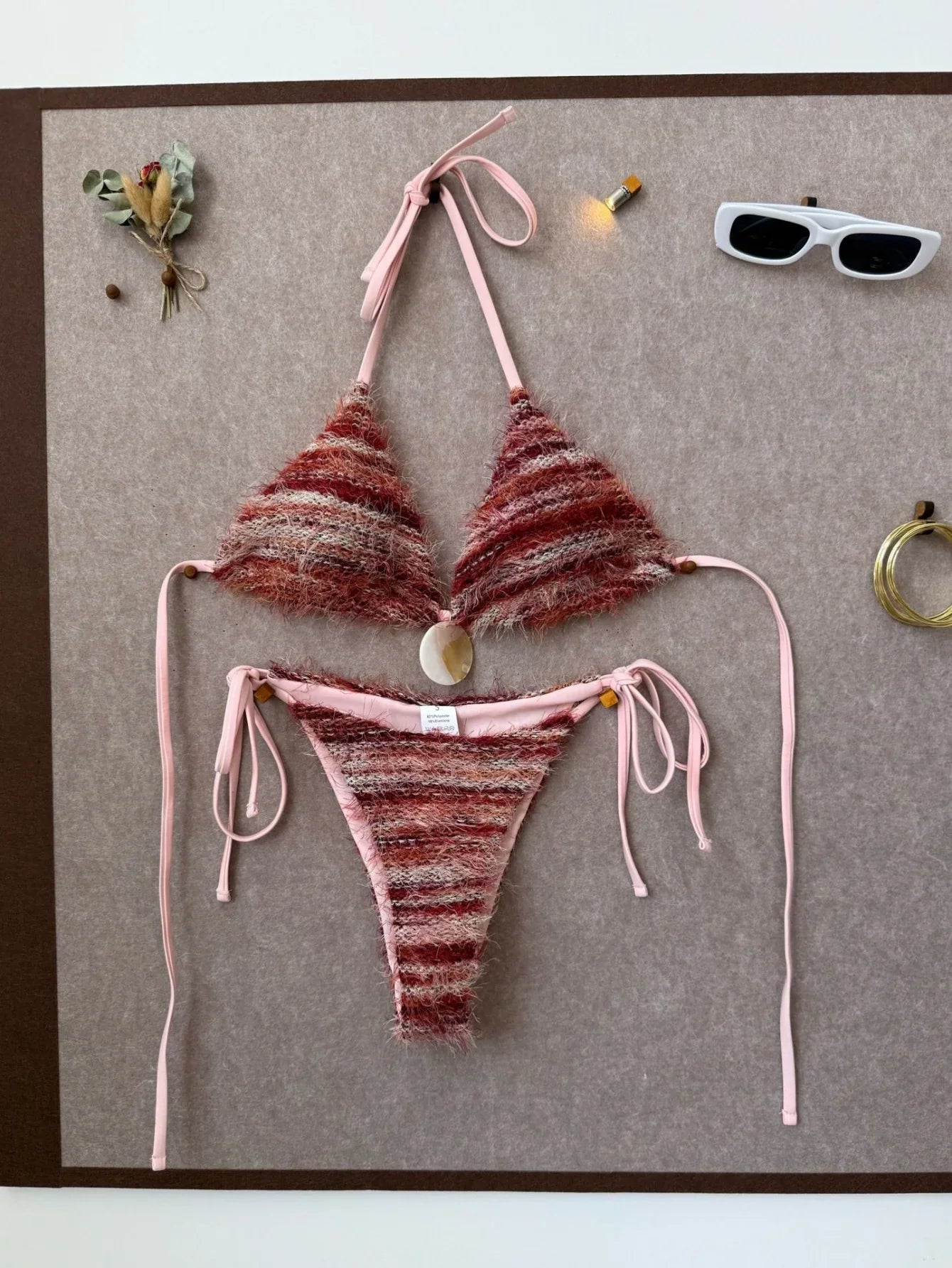 Sexy Coffee Striped Micro Bikini 2026 Women Towel Cloth Circle Push Up Bra Tie Side Thong Swimsuit Bathing Suit Holiday Swimwear