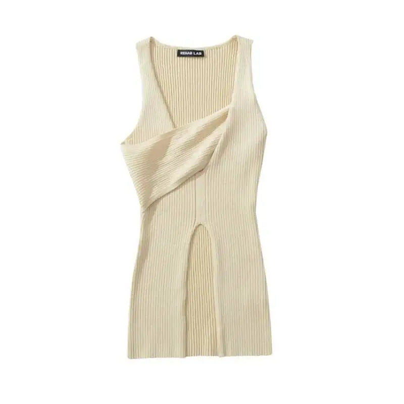 Stylish Cross-over Irregular Neckline Sleeveless Knitted Vest For Women Niche Sexy Slit Slim-fit Top CasualPure Desire 0FY1