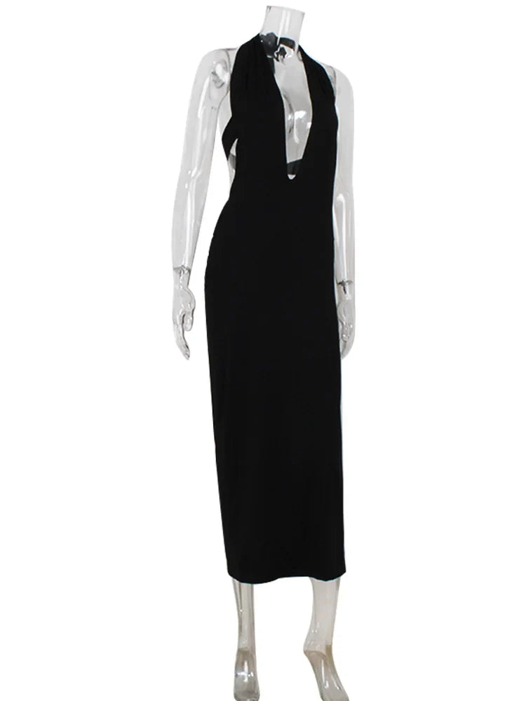 Ahagaga Fashion Halter Women's Maxi Dresses Solid Deep V-Neck Sleeveless Blackless Bandage Sheath Bodycon Party Vestidos Robes