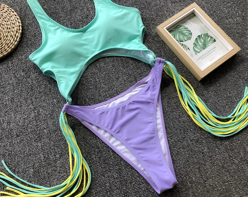 DEKA Long Tassel One Piece Swimwear Hollow Out Women Backless Swimming Suit Cut Out Halter Cross Swimsuit Female Beachwe Bathing
