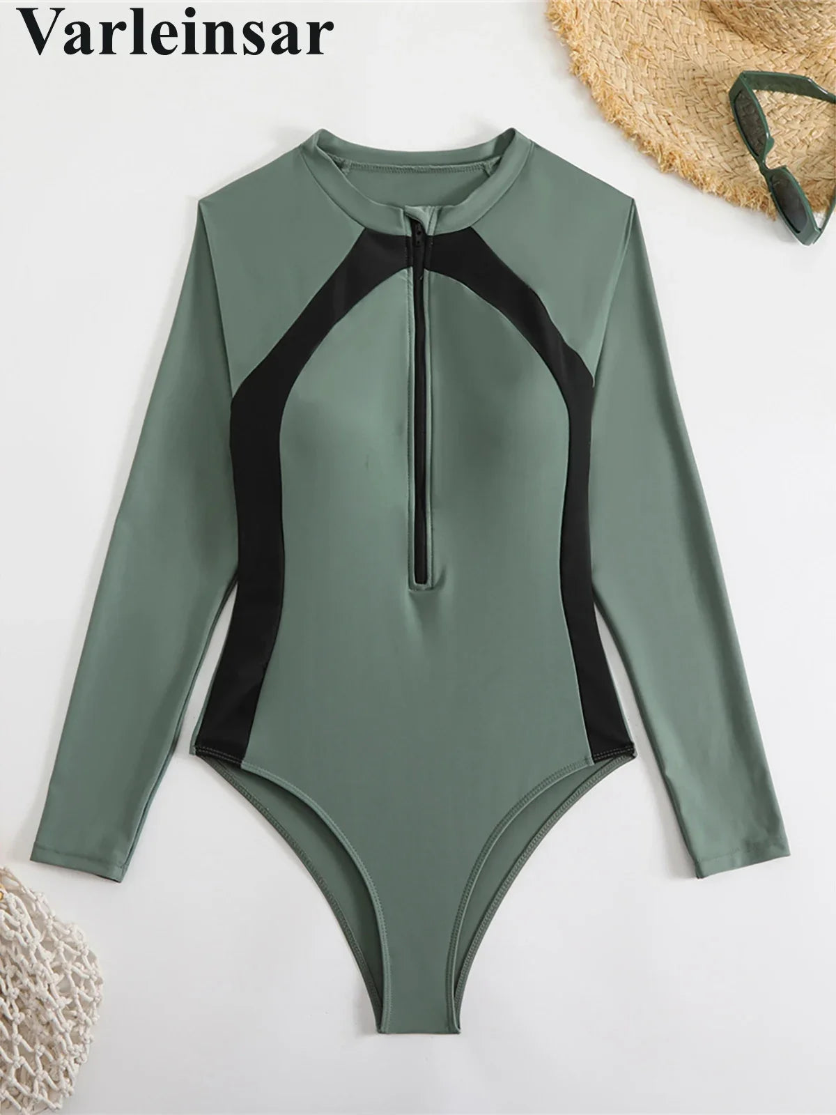 Sexy High Cut Printed Long Sleeve Zipper Surf Rash Guard One Piece Swimsuit Women Swimwear Female Bather Bathing Suit Swim V6285