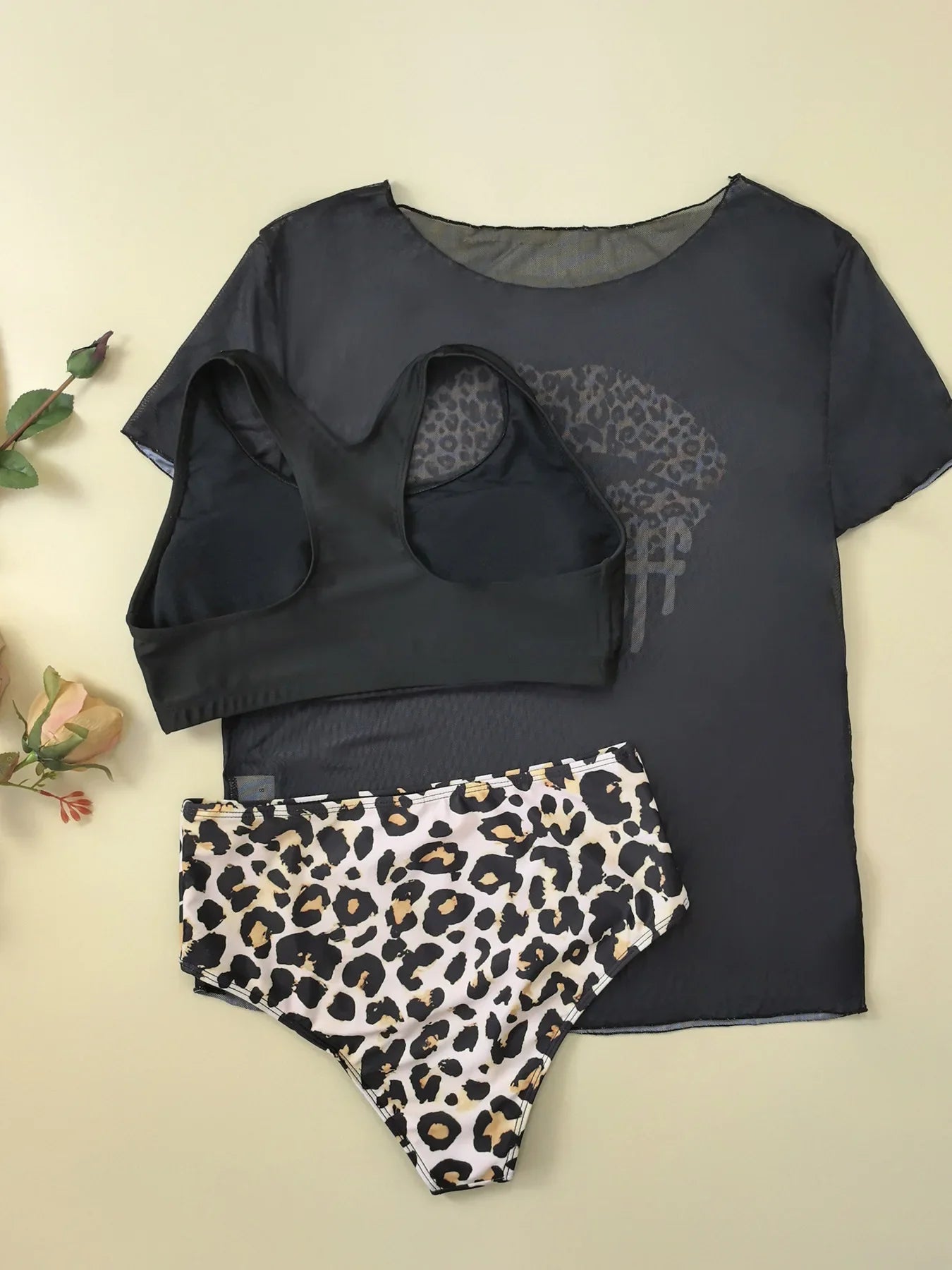 Women Leopard Print Lips Vest Bikinis Sets Three Pieces with Perspective Mesh Cover Crop Tops Swimsuit Bathing Suit Biquini