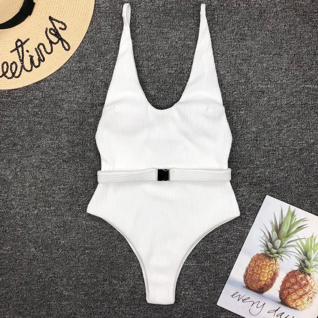 V Neck Ribbed High Leg Cut Women Swimwear One Piece Swimsuit Female Backless Monokini Bather Waist Belt Bathing Suit Swimwear