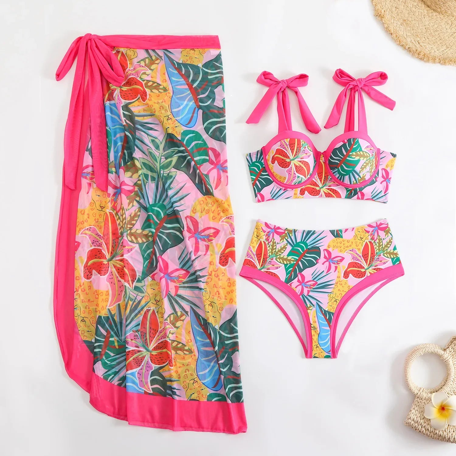 Vintage Green Leaves Print Bikini Set 2026 Women Tie Strap Push Up Underwire Long Skirt 3 Piece Swimsuit Bathing Suit Swimwear